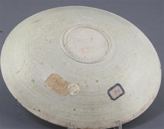 A Chinese qingbai phoenix and peony dish, Yuan dynasty, diameter 18.2cm, old Collection labels